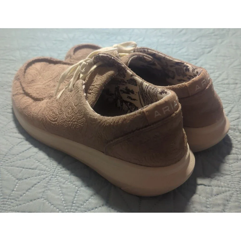 ARIAT HILO Floral Emboss Tan Suede Shoes Women's Sz 9B Lightweight Comfort